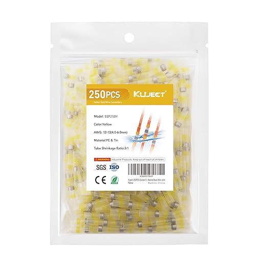 Kuject 250PCS Solder Seal Wire Connectors AWG 12-10, Yellow Solder Seal Heat Shrink Butt Connectors Terminals Solderstick Sleeve Waterproof Wire Splice Connector for Marine Boat Wire Joint