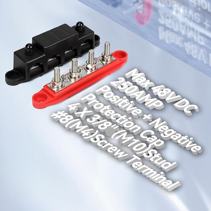 Heart Horse Power Distribution Block Bus Bar 3/8'' Terminal Stud 4 Post with Cover 250 Amp Rating for Marine Automotive and Solar Wiring RV Boat (250A, 3/8'', Red+Black)
