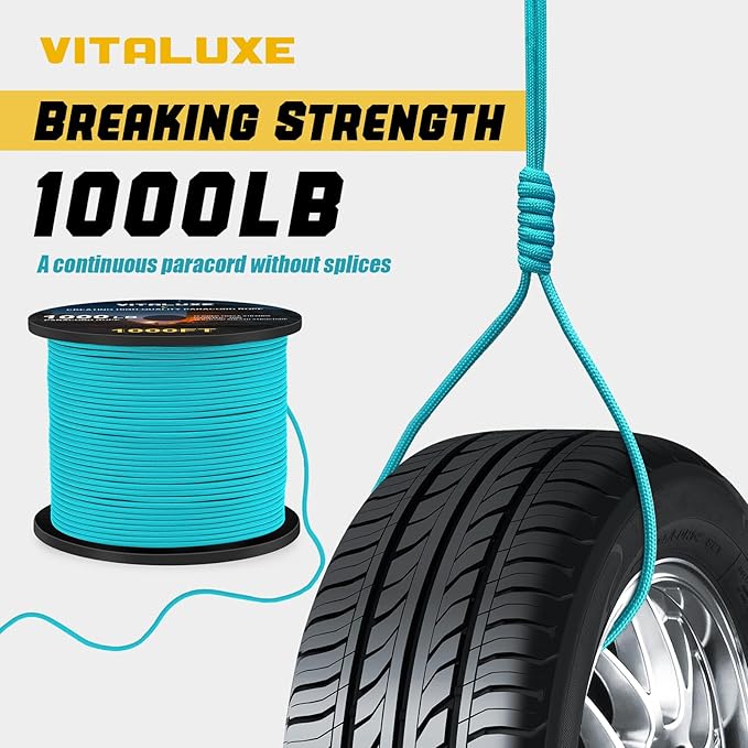 1000lb Paracord Rope, 4mm 12 Triple Strands Paracord, Heavy Duty Tactical Parachute Cord for Survival Gear, Camping, Hiking, and Ideal for Bracelets, Lanyards, Type III