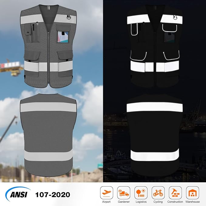 TCCFCCT Mesh Reflective Safety Vest 9 Pockets High Visibility Vest for Men Women, Hi Vis Reflective Work Vest for Safety, Meets ANSI/ISEA Standards, (Grey, XX-Large)