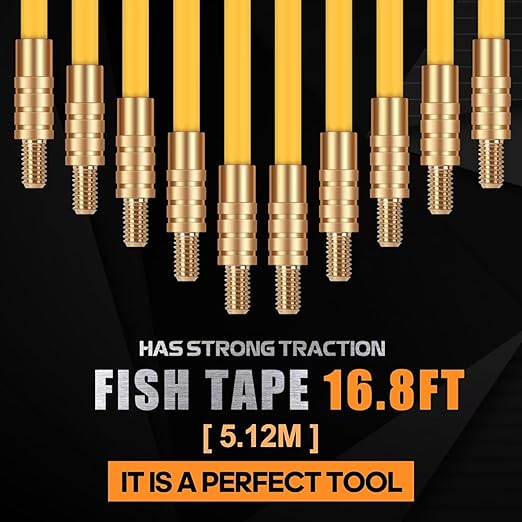 16.8FT Fiberglass Running Electrical Wire Cable Glow Rods Wire Pulling, Fish Rods Electrical Kit with 6 Different Attachments and Fish Tape Wire Puller Kit (Yellow)