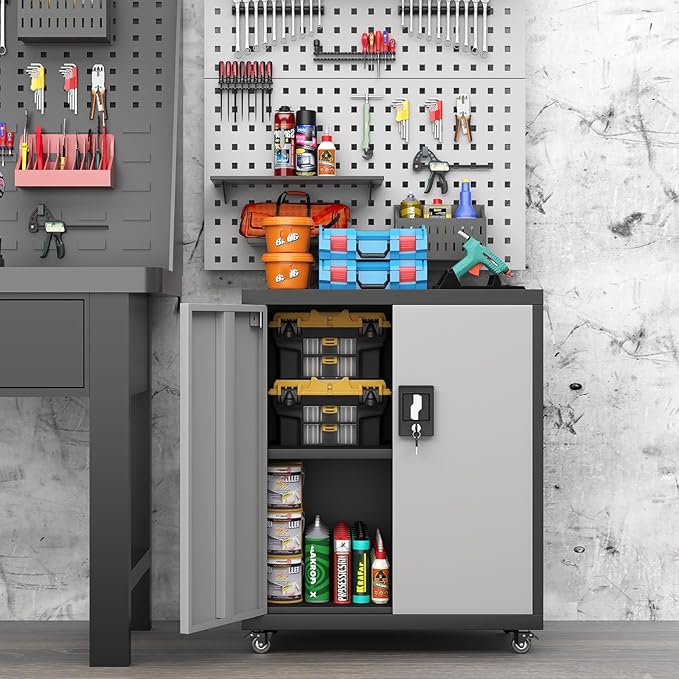 31.5''H Metal Garage Storage Cabinet with Wheels, Small Tool Storage Cabinets with Lock, Lockable Steel Rolling Tool Chest with Doors & Adjustable Shelves for Garage, Home, Office