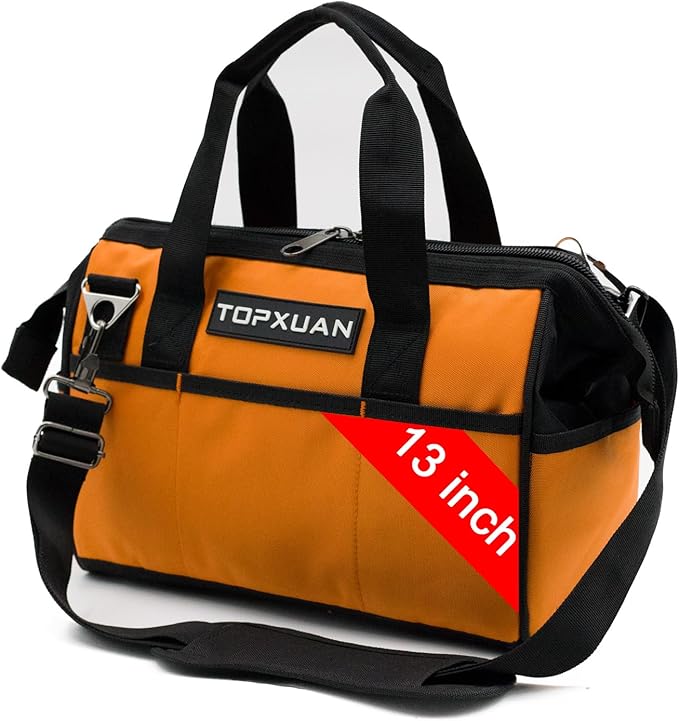 Tool Bag 13 Inch Waterproof Orange Tool Organizer with Wide Mouth and Shoulder Strap for Power and Small Hand Tools Oxford Cloth Fabric(18 Pockets)