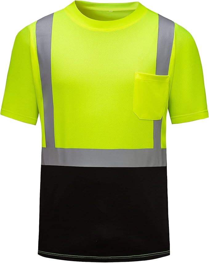 High Visibility Shirts Quick Dry Safety T Shirts with Reflective Strips and Pocket Short Sleeve Mesh Hi Vis Construction Work Class 2 Shirt for Men/Women Black Bottom Lime,Large
