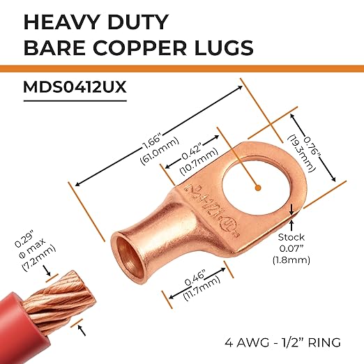 SELTERM 25pcs 4 AWG 1/2" Stud Battery Lugs, Ring Terminals, Heavy Duty Copper Wire Lugs, Battery Cable Ends, 4 Guage Ring Terminal Connectors, UL Bare Copper Eyelets Electrical Battery Cable Lugs