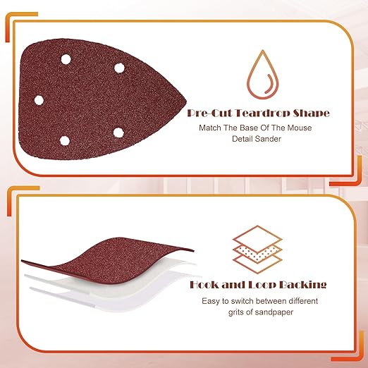 40 Grit Mouse Sander Sandpaper, Jamiikury 5 Hole Detail Sander Sandpaper Palm Sander Paper Mouse Sanding Pads Hook and Loop Sanding Sheets - Pack of 20