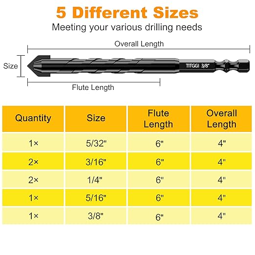 Masonry Drill Bit Set & Concrete Drill Bit Set, Extension Professional Carbide Drill Bits Tip (7 PCS) for Glass/Brick/Plastic/Cement/Tile, 5/32"-3/8" by TITGGI