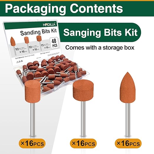48 Pcs Aluminum Oxide Sanding & Grinding Bits, 3 Types 1/8 Shank Rotary Tool Set for Woodworking, Metal Polishing