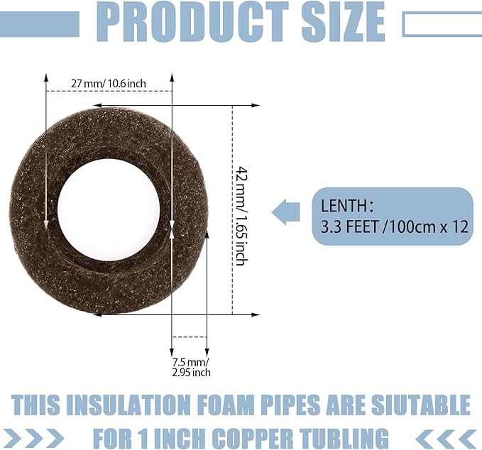 Amylove 12 Pcs 3.3 Feet Foam Pipe Insulation Foam Tube Insulating Water Pipe Pool Swim Noodles Heat Preservation Pipe Covers for Tubing Outdoor Freeze Protection (Brown,1 Inch)