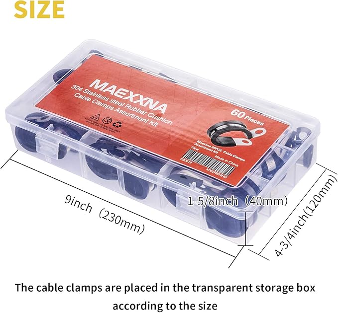 60pcs Wire Clamps Assortment Kit, Stainless Steel 304 Rubber Cushion Cable Clamps Assorted in 7 Sizes 1/4'' 5/16'' 3/8'' 1/2'' 5/8'' 3/4'' 1'', Pipe Clamp Set for wiring, lines and hoses