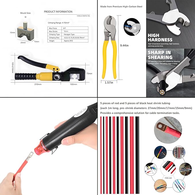 Hydraulic Crimping Tool,with Cable Cutter & 9 Dies,Dattery Terminal Cable Crimper tool for 12 to 2/0 AWG, With Mini Heat Gun and Heat Shrink Tubing