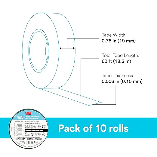 3M Temflex Multi-Purpose Vinyl Electrical Tape 165, Green, 3/4 in x 60 ft (19 mm x 18 m), 10 Roll Pack