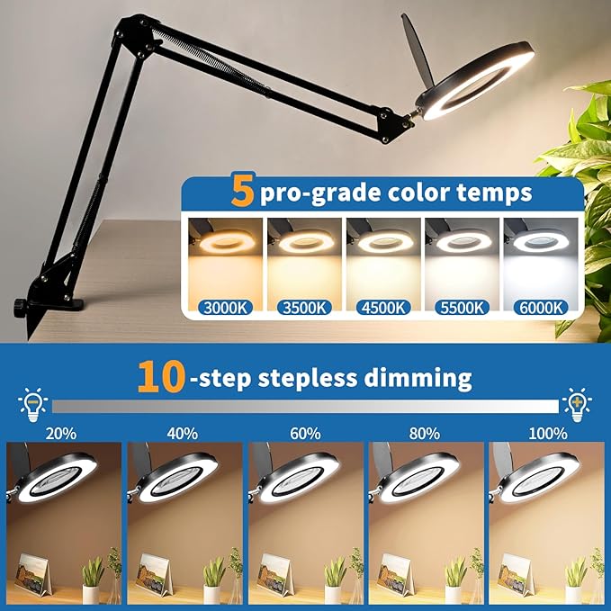 15x Magnifying Lamp with Remote & Dust Cover, Long Arm Hand Free Magnifying Glass with Light and Clamp Stand 5 Color Dimmable LED Desktop Magnifier Lamp with Light for Read Craft Hobby Close Work