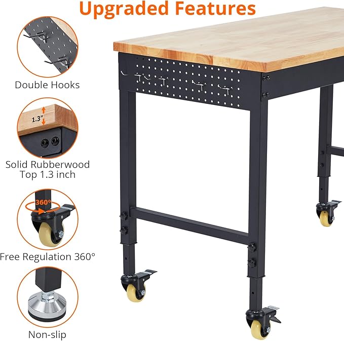 60x22 Inch Heavy-Duty Adjustable Workbench with Rubber Wood Top – 2000LB Capacity Mobile Garage Workstation, Locking Wheels, Power Outlets, Ideal for Workshop, DIY & Tool Storage