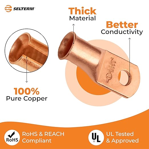 SELTERM 10pcs 1 AWG - 1/4" Stud - Battery Lugs, Heavy Duty Wire Lugs, Ring Terminals, Battery Cable Ends,1 Gauge Terminals, UL Bare Copper Eyelets Electrical Battery Terminal Connectors
