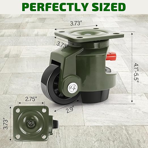 Leveling Casters Wheels, Heavy Duty Casters Wheels with Ratchet Arm 6600 LBS, Green Retractable Casters Set of 4, Nylon Wheels & Leveling Feet, Suitable for Equipment, Machine