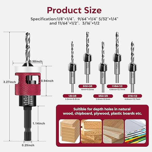Countersink Drill Bit Set for Wood,7 PCS Counter Sink Drill Bit with HSS Tapered Drill Bits and 1/4" Hex Shank Quick Change for Woodworking with Storage Box