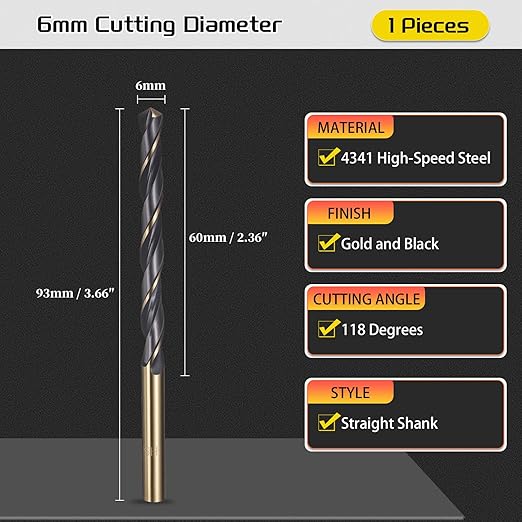 Drill Bit, 6mm Cutting Diameter, 4341 HSS Gold and Black 118° Cutting Angle Number Jobber Bits - (Applications: for Drilling Soft Metal Plastic Wood), 1-Pieces