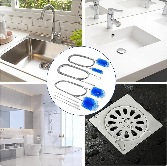 6Pcs Flexible Drain Brush 78 Inch Pipe Cleaning Brush 63 Inch Drain Cleaner Brush 59 Inch Hose Brush and 3 Pcs 9 Inch Straw Cleaner Brush for Straws Kitchen Sink Plumbing and Shower Drain Tube(Blue)