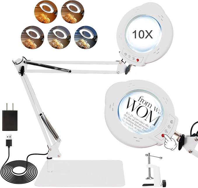 2-in-1 Desk Lamp & Clamp Light, 10X Magnifying Glass with Light and Stand, 5 Color Modes 10 Brightness Dimmable LED Desk Lamp,14.5inch Adjustable Swing Arm for Reading Crafts Painting Close (White)