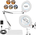 2-in-1 Desk Lamp & Clamp Light, 10X Magnifying Glass with Light and Stand, 5 Color Modes 10 Brightness Dimmable LED Desk Lamp,14.5inch Adjustable Swing Arm for Reading Crafts Painting Close (White)