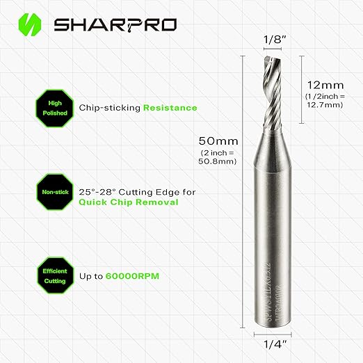 O Flute Upcut Spiral Router Bit 1/4 Inch Shank 1/8 Inch Cutting Dia. Carbide Single Flute CNC Router Bit, Ideal for Aluminum, Plastic, Acrylic, Wood, MDF and PVC