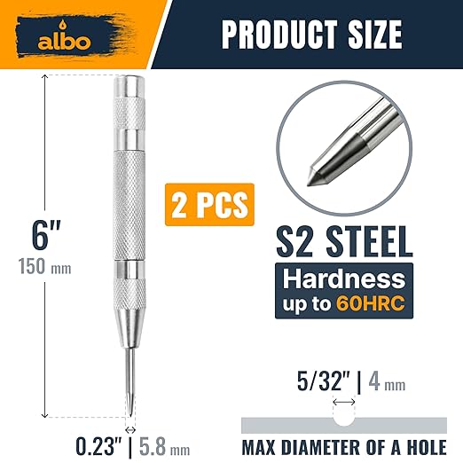 ALBO Spring Loaded Center Punch Tool – 6 Inch Automatic Punch for Metal, Wood, Steel – Heavy Duty Drill Punch – Durable Galvanized Coating, Precision Tip for DIY, Workshop & Professional Use (2pcs)