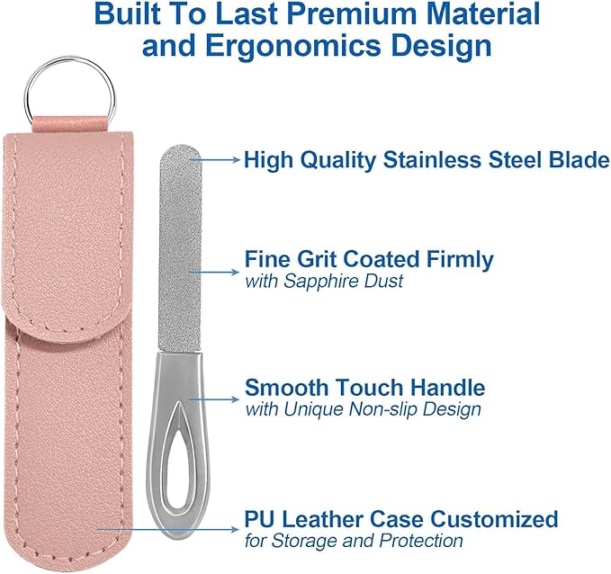 Metal Nail File with Case, 2 Pack Keychain Nail Files for Natural Nails, Fingernail Files Diamond Round Tip Stainless Steel Double Sided Fine Grit Silver Filer with Leather Sheath Travel Pink Purple