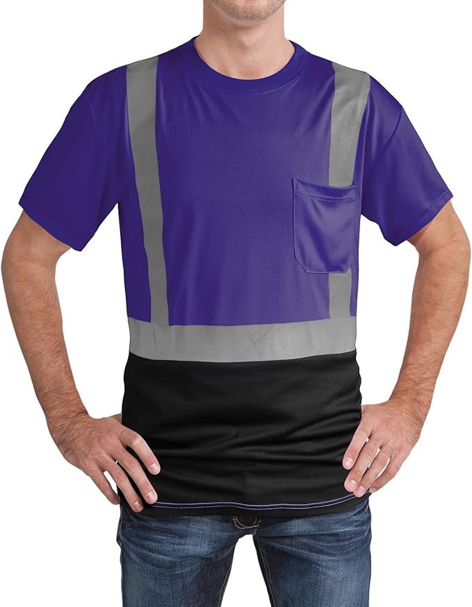 High Visibility Shirts Quick Dry Safety T Shirts with Reflective Strips and Pocket Short Sleeve Mesh Hi Vis Construction Work Class 2 Shirt for Men/Women Black Bottom Purple,5XL