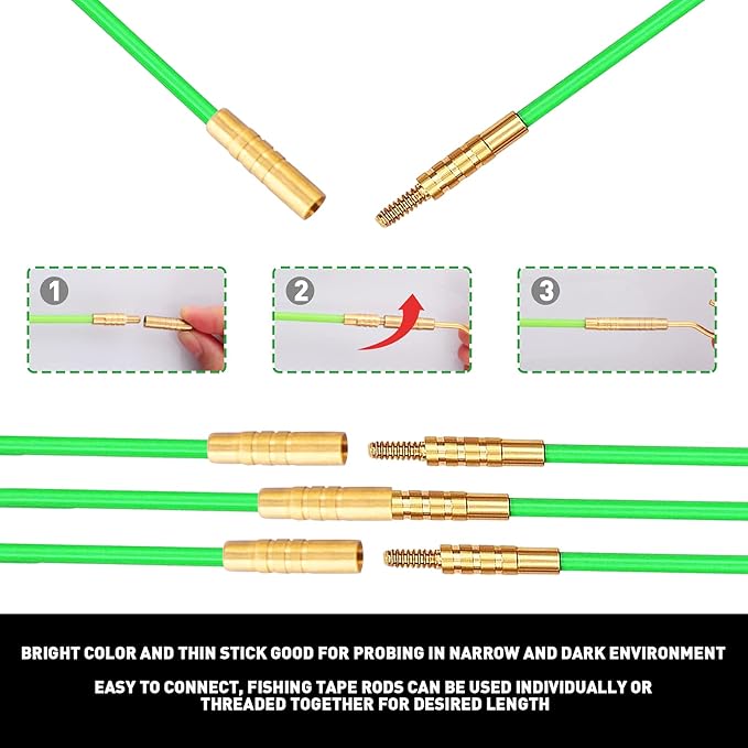 50 FT Wire Fishing Kit Fiberglass Connectable Fish Tape Wire Puller Cable Pulling Pull Push Kit With Hook In Transparent Tube, Green