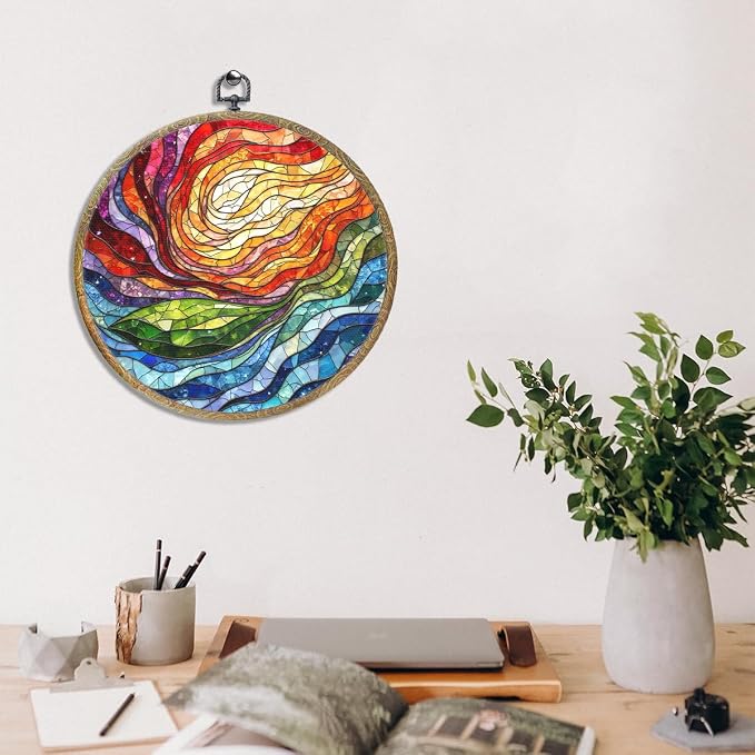 Colorful Boho Rainbow Geometric Spiral Sun Art Gift Framed Round Wall Decor - Image 4