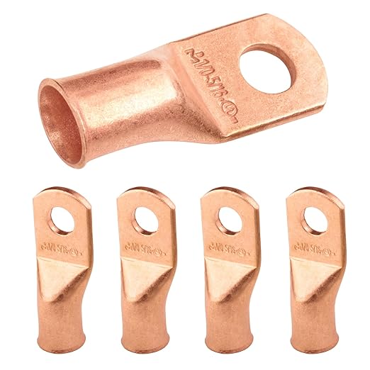 SELTERM 5pcs 1/0 AWG 5/16" Stud Copper Wire Lugs, Ring Terminals, Battery Cable Ends, 0 Gauge Ring Terminal Connectors, UL Heavy Duty Bare Copper Eyelets Battery Terminal Connectors