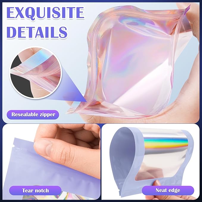 JETMORE 100 Pcs Mylar Bags, Smell Proof Bags Foil Pouch, Holographic Resealable - Image 5