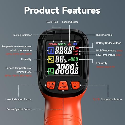 Dual-Mode 50:1 Infrared Thermometer Gun -58°F to 1796°F, with K-Type Thermocouple for Internal Measurements, Max/Min Temperature, Alarm for Industrial & Home Use