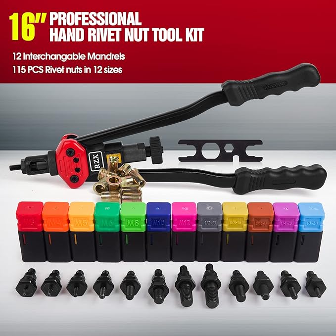 RZX 16" RIVET NUT TOOL Hand Blind Riveter,RIVNUT Riveting Tools with Nut Setting System M3 M4 M5,m6,m8,m10 M12, 10-24, 1/4-20, 5/16-18,3/8-16,totally 11 mandrels+110PCS Rivets Nuts (17" RIVET GUN)