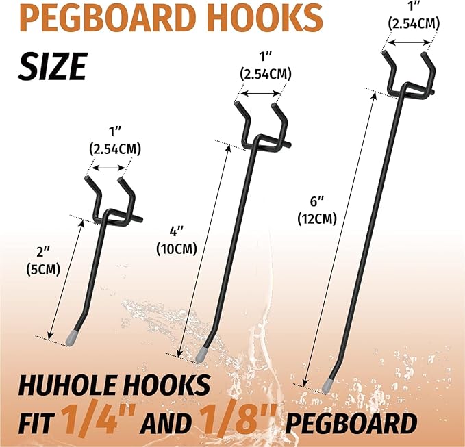 HUHOLE Pegboard Hooks 4 Inch 50PC, Black Peg Board Hooks, Fit 1/4" or 1/8" Pegboard, Ideal Peg Board Organizer Accessories for Garage Tool Organization, Wall Storage (Black, 4 Inch)