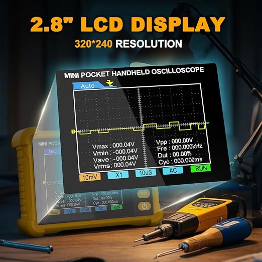 Mini Handheld Oscilloscope Kit,Pocket Portable Oscilloscope 2.5MS/s Sampling Rate,500KHz Bandwidth, 2.8 inch TFT，Type-C,Trigger Function Auto/Nomal/Single