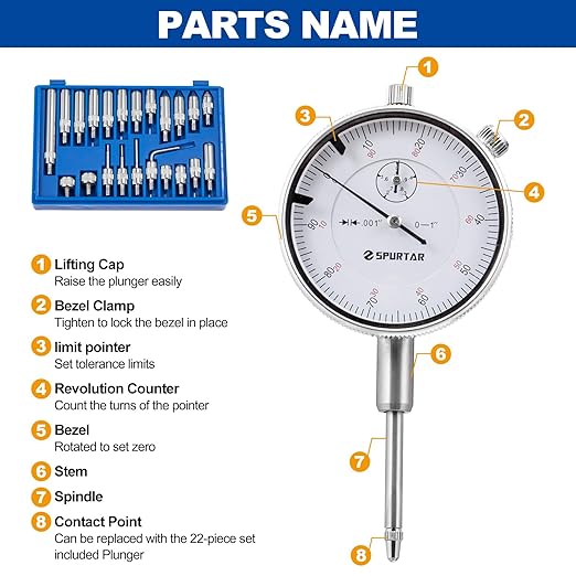Spurtar Dial Indicator with Magnetic Base 0-1'' Dial Test Indicator 0.001'' Precision Dial Indicator Adjustable Long Arm Magnetic Dial Indicator for Accurate Alignment, Measurement, and Inspection