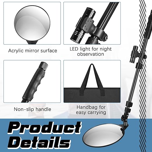 Barydat 4 Pack Under Vehicle Inspection Mirror with Telescoping Handle and Light 8 Inch Diameter Security Angle Adjustment Handheld Inspection Mirror for Under Car Truck Equipment Over Shelf