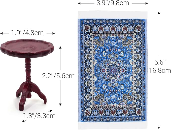 1:12 Scale Miniature Rug Carpet and End Table Wooden Side Table Dollhouse - Image 6