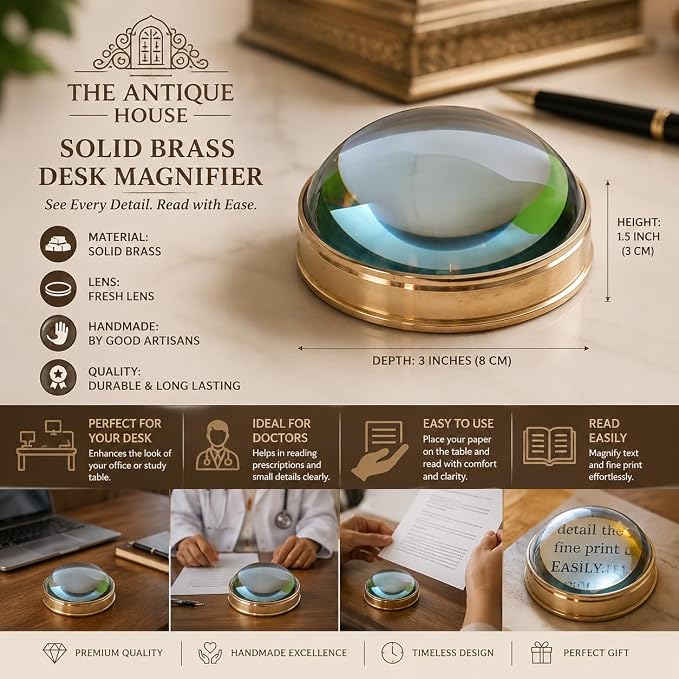 Vintage Solid Brass Desk Magnifying Glass Chart Paper Reader Weight Magnifier - Image 7