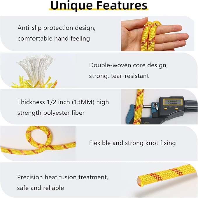 Arborist Rope, 1/2 Inch x 200 Feet Double Braided Climbing Rope Polyester for Outdoor, Climbing, Hiking, Swing, Tree Work, Halyard, Sailing etc(Yellow)