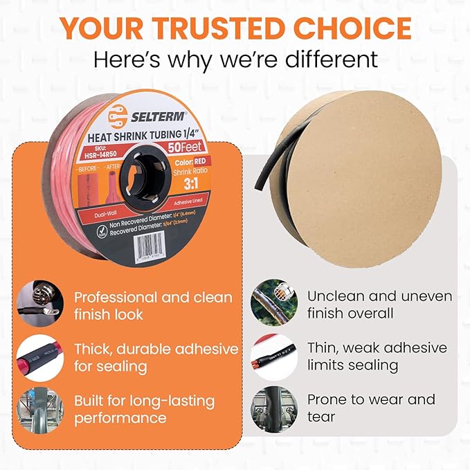 SELTERM 1/4" Red [50 Feet] Marine Grade Heat Shrink Tubing Roll, 3:1 Ratio Dual Wall Adhesive Lined Waterproof Heat Shrink Wrap Tube, for Battery Cable Lugs Wire Terminals Connectors
