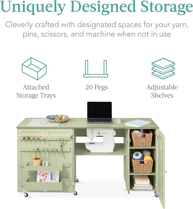 Best Choice Products Large Folding Sewing Table, Caster Wheels, Storage Shelves - Image 3