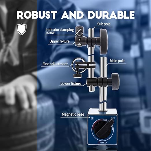Dasqua Magnetic Base, Adjustable Stand with Fine Adjustment Holder for Dial Indicator, 3/8" Clamping Hole, Strong Pull Force 176lb/80kg