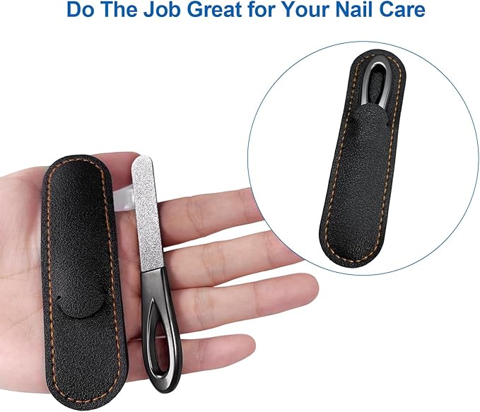 Metal Nail File, Stainless Steel Fingernail Files Double Sided Grit Nail Filer with Leather Cases and Non Slip Handle (2 Pack 3.6IN Gunmetal Files with PU Cases)