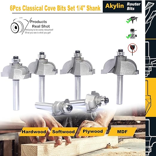 6pcs Classical Cove Router Bit Set,1/4" Shank Cove & Fillet Bits,Carbide Tipped Cutters for Wood Standard Cove Profiling,Molding,Edging