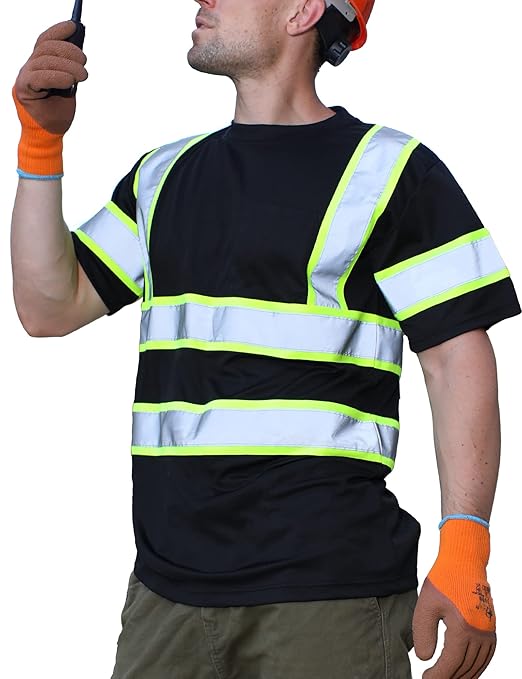 sesafety High Visibility Shirts for Mens Class 3 Hi Vis Reflective Construction Shirts for Men with Pocket Safety T Shirts for Men Work Shirt for Mens Short Sleeve Black Yellow Strips l
