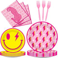 100 Pcs Preppy Party Plates Napkins Forks Supplies Set Smile Face Disposable by Qyeahkj
