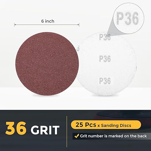 HARFINGTON 25 Pcs 6 Inch Sanding Disc 36 Grit Hook and Loop Sandpaper Random Orbital Sander Pads for Woodworking Automotive Metal Polishing